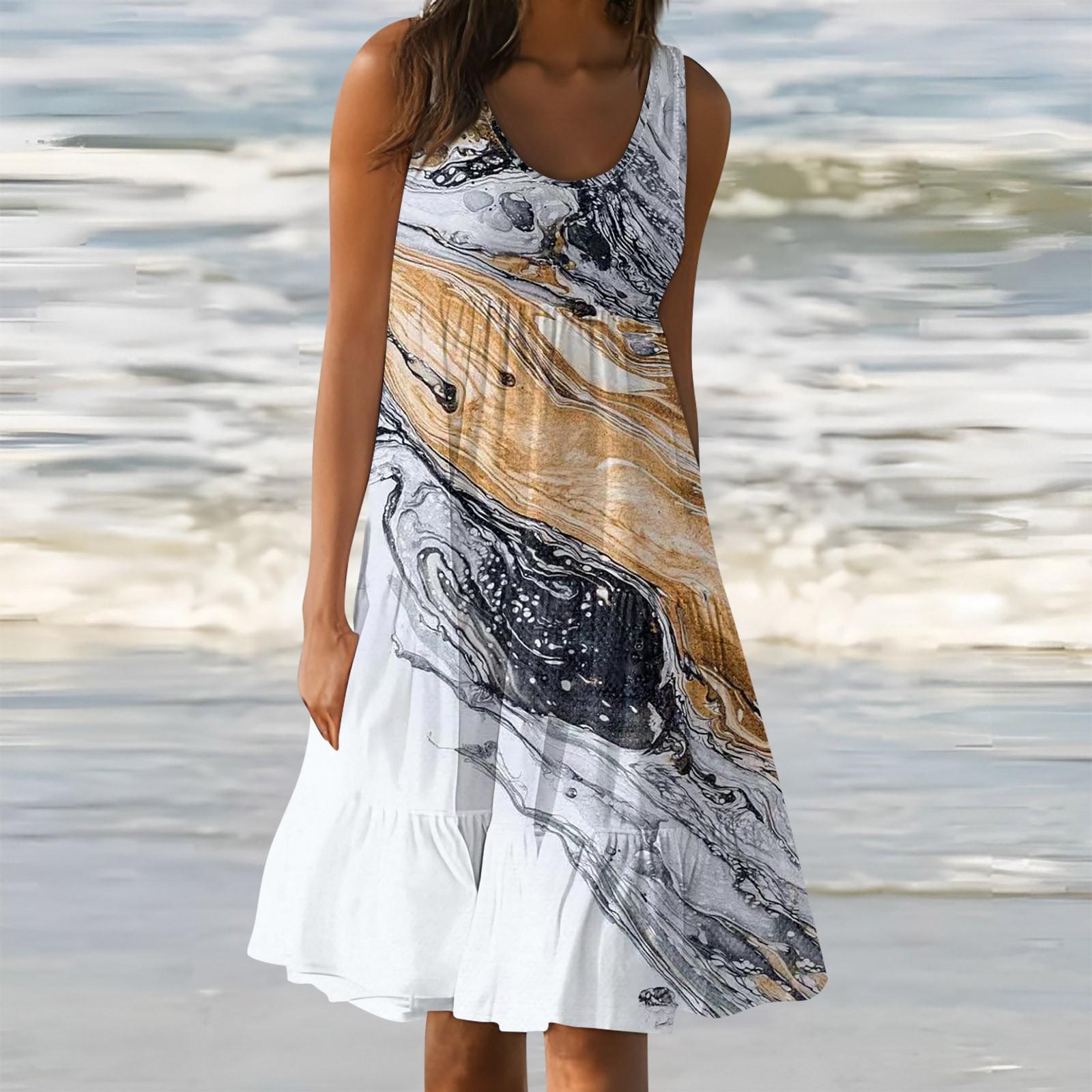 

Женские летние весенние плиссированные богемные платья, милые струящиеся пляжные платья без рукавов, прямая футболка, платья-майки, платья с круглым вырезом XL белый