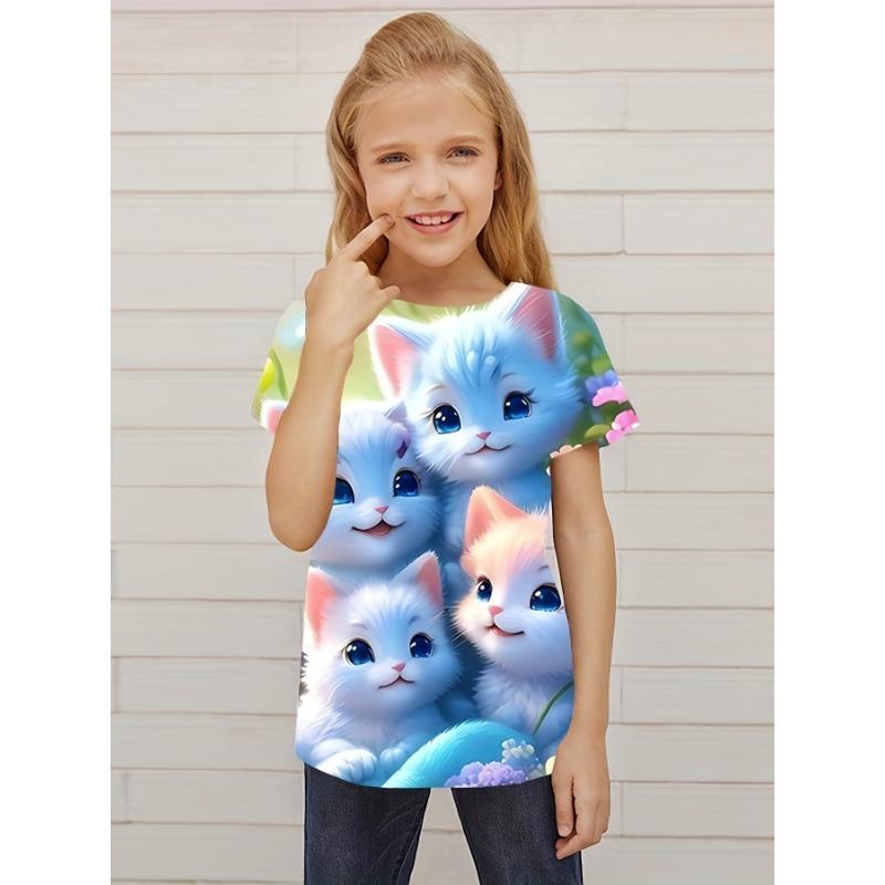 New Children's T-Shirt With Cute Cat Print Pattern Summer Girls Breathable Kids Short-Sleeved High-Quality Top Birthday gift