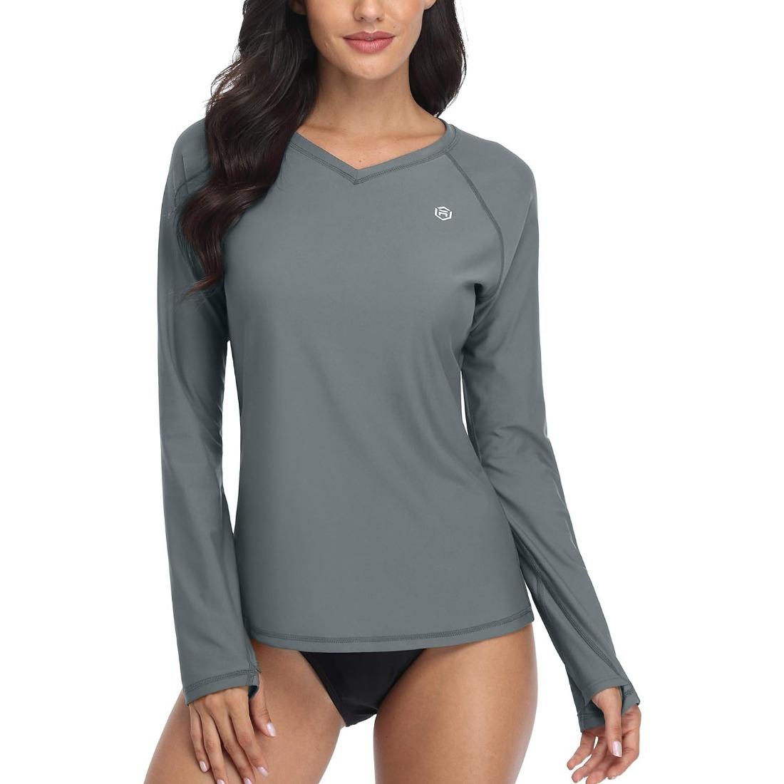 

Женская рубашка для плавания Charmleaks Rash Guard с длинным рукавом и защитой от солнца, отверстие для большого пальца, UPF 50, V-образный вырез XL