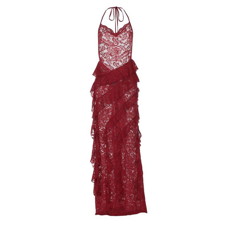 European and American Style Women s Clothing 2025 Summer New Fashion Lace Dress See-Through Long Skirt Sexy Dress Maxi Burgundy S