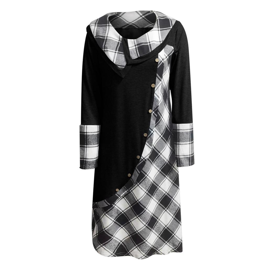 Women's Plaid Stitching Button Pockets Pile Neck Long Sleeve Dress