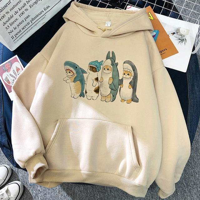 New Black Long Sleeve Hoodie Tops Woman Cat Shark Hooded Sweatshirts Funny Animal Cartoon Printing Graphic Pullover Streetwear