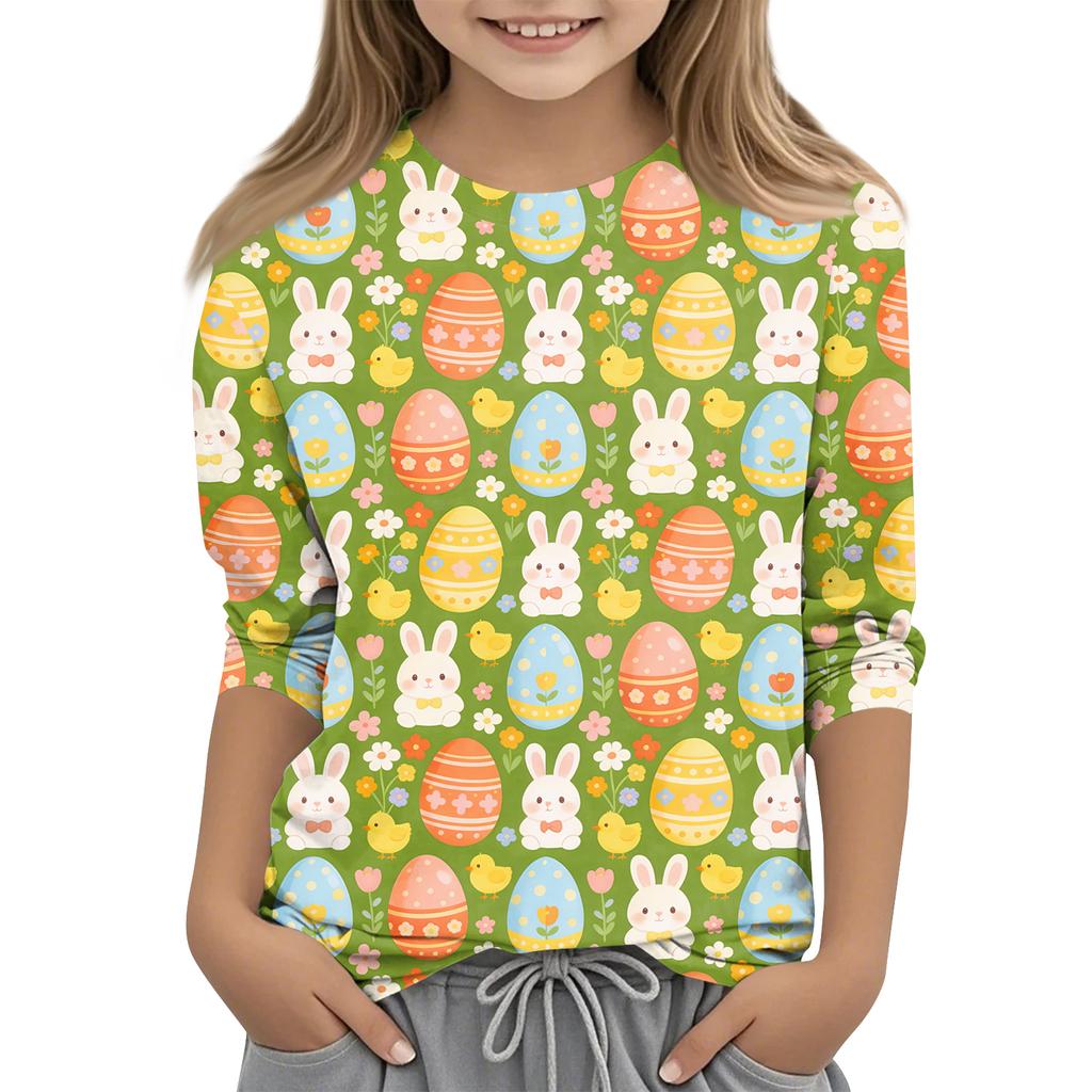 Haut décontracté pour enfants à manches sept-quarts, imprimé Pâques, col rond, imprimé