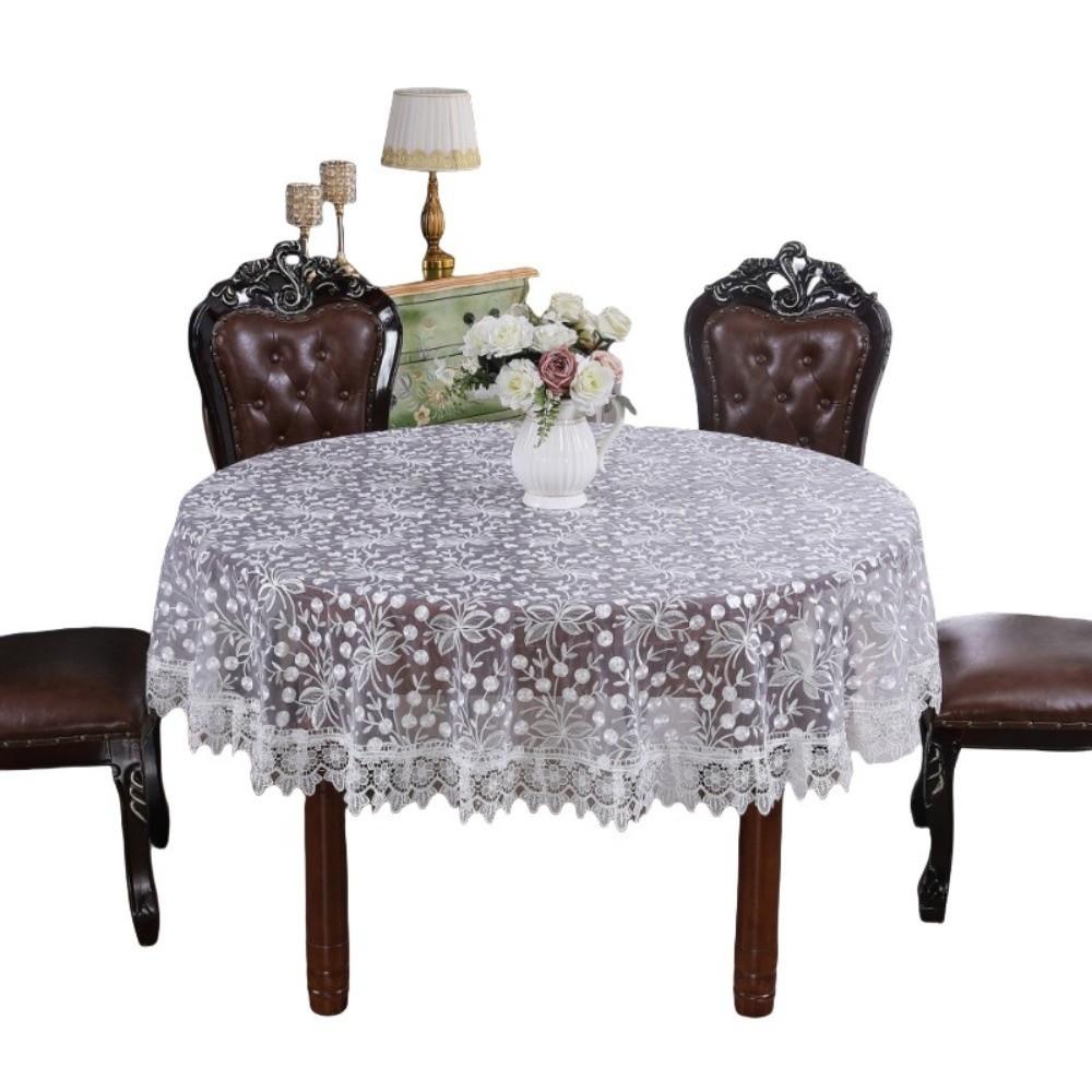 Față de masă din satin brodată cu dantelă, Design cu dantelă, Față de masă rotundă vintage, Husă elegantă pentru masă de dining, Masă de dining