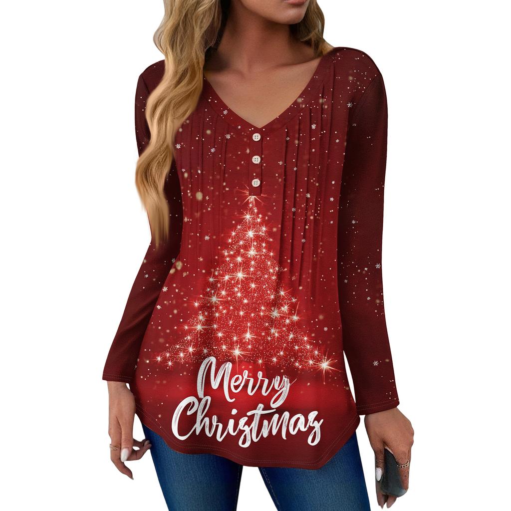 Women's Fashion Casual Christmas Tree Print V-Neck Decorative Button Long Sleeve T-Shirt Top