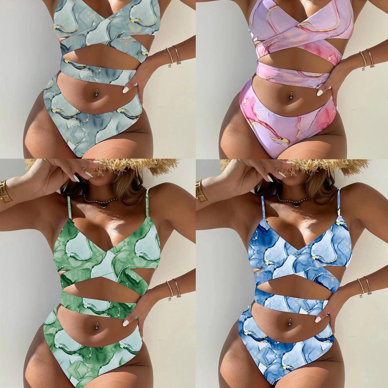 

2025 European & American Stylish High-Waist Bikini: Sexy Print Two-Piece Swimwear Small королевский синий