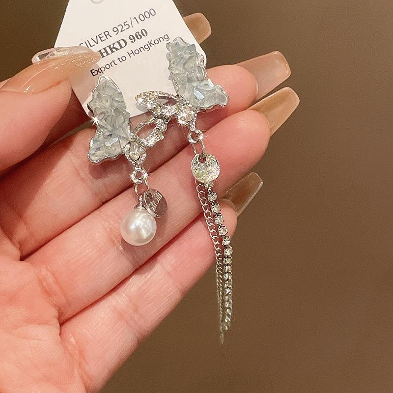 Silver Needle Diamond Crystal Pearl Butterfly Tassel Earrings Korean Premium Stud Earrings ins Niche Earrings Women