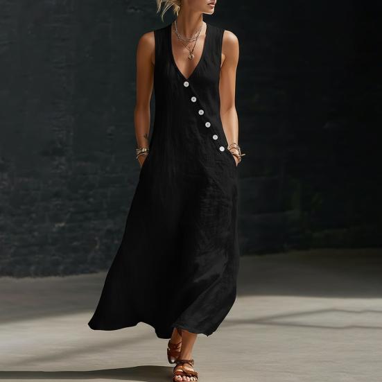 Vestidos Maxi de Verano para Mujer Casual sin Mangas Cuello en V Vestido de Playa Suelto de Tirantes con Botones y Bolsillos