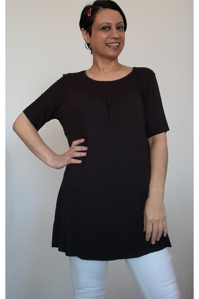 Women's Style Big Size T-Shirt Black Gathered Combed Cotton Viscose T-Shirt With Cropped Front And Back