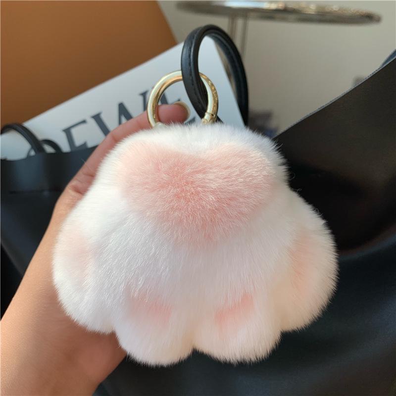 Kitten Paw Rex Rabbit Fur Keyring Pendant - Cute Plush Ball Bag Charm Birthday Gift