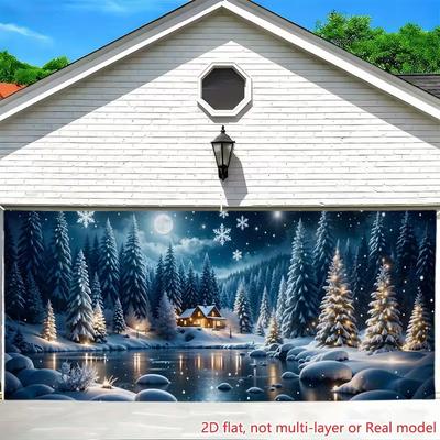 2D Winter Snowy Forest Garage Door Cover Christmas Holiday Outdoor Backdrop