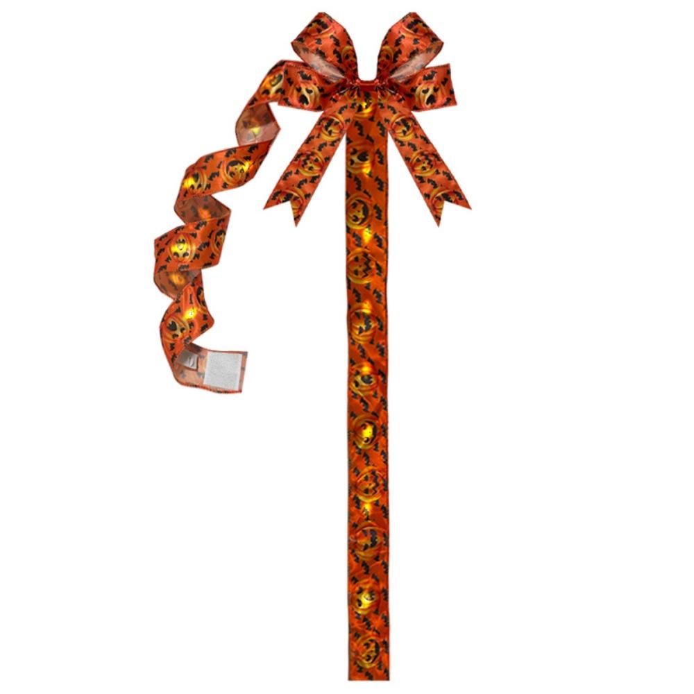 Satin Fabric Halloween Bow Black Color Light Up Design Lighted Bow Spooky Pattern Embroidered Fabric Bow Ornament