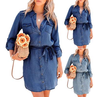 Vestido Feminino de Primavera Gola Virada para Baixo Abotoamento Simples Cintura Lançada Mangas Compridas com Peito