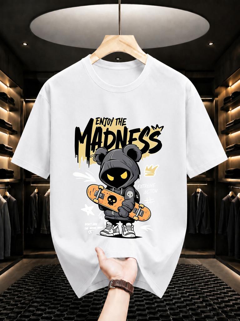 Unisexs Solid Color Pure Cotton Tshirt With Bear Print Casual Crew Neck Short Sleeve Hiphop Street Style Top