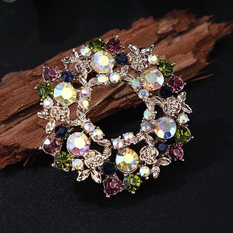 European and American Style Multi-Colored Floral Wreath Brooches, Fashionable Rhinestone Pins, Versatile and Elegant Suit Accessories