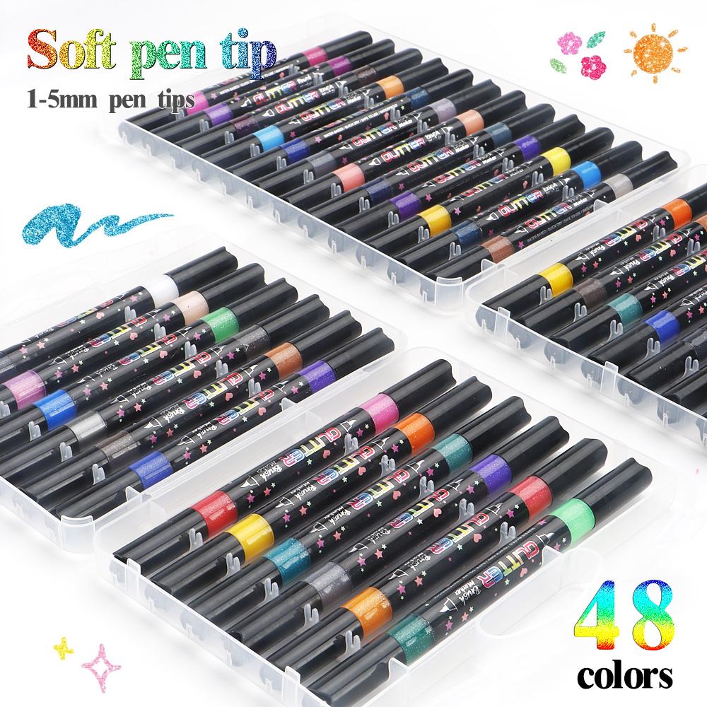 Dual Tip Dual Colors Glitter Marker 48 Colors Brush Soft Tip Art Marker Pen Waterproof for DIY Card Making