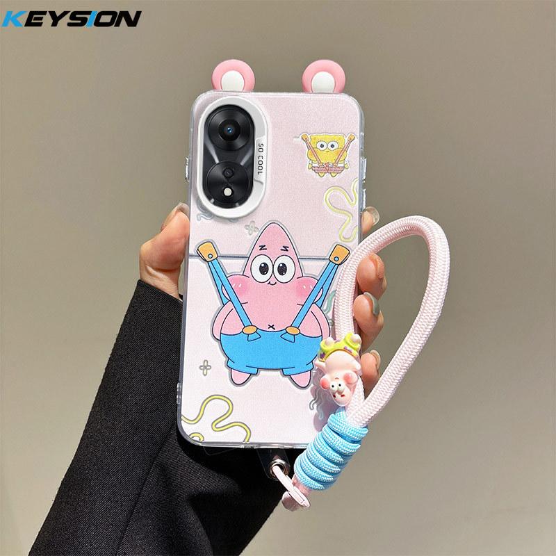KEYSION Cute Ear Cartoon Case for OPPO A58 4G A38 A18 with Lanyard Soft Silicone+PC Shockproof Phone Back Cover for OPPO A17 A17K