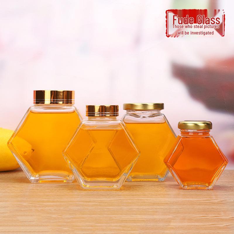 Hexagonal Glass Honey Jar with Wood, Iron, or UV Lid