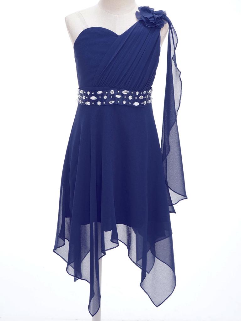 Rochie de petrecere pentru fete șic, cu volană, cu un umăr, fără mâneci, rochie formală din șifon pentru domnișoară de onoare