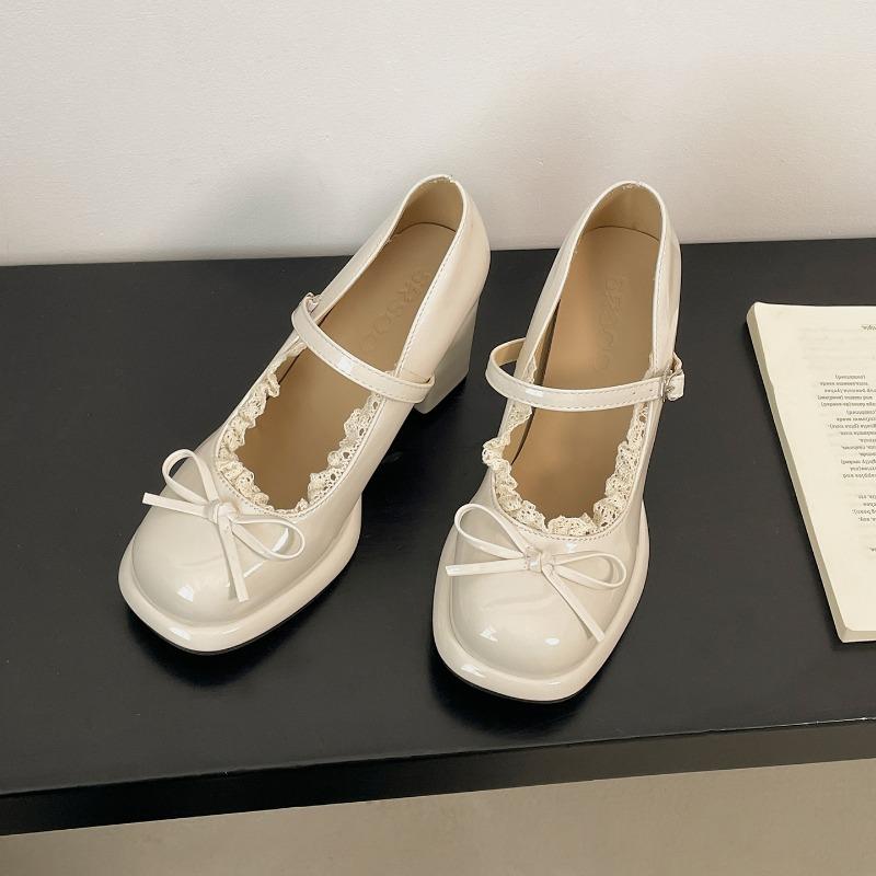 Designer Butterfly-knot Women Mary Jane Shoes Concise Chunky High Heels Shoes Ladies Outdoor Elegant Wedding Party Pumps 35 бежевый 4690₽