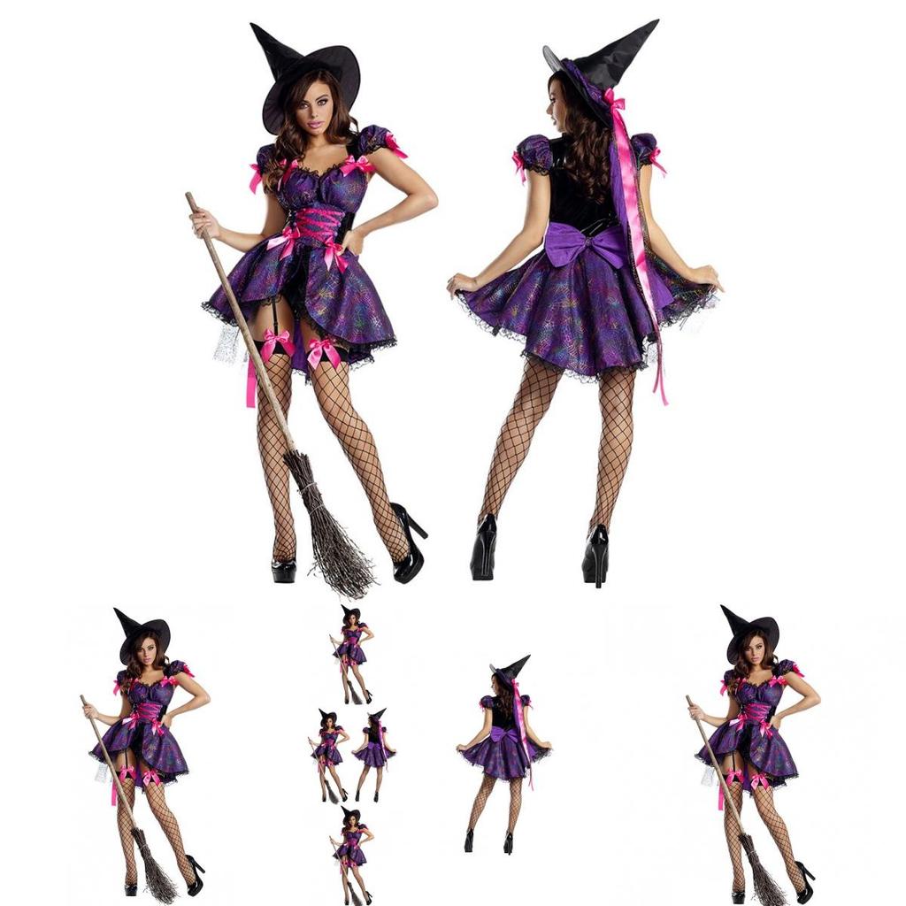 Bezauberndes Lila Halloween-Hexenkostüm für Damen mit magischem Zauberer-Design