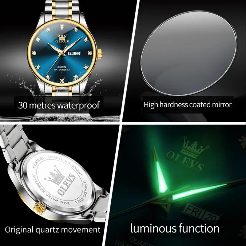 OLEVS Men's Watches Full Gold Wristwatches Stainless Steel Classic Watch with Dual Calendar Display Business Watches