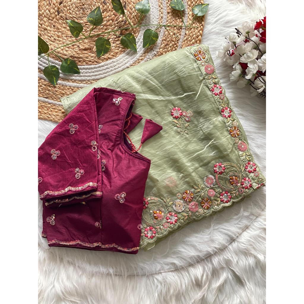 Premium Gold Crush Fabric with Multi Thread Sequins C Pallu Work with Arco Cut Border Saree