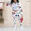 Women Plus Size White Printed Long Sleeve Stand Collar Cropped Varsity Jacket And Long Pants Two Piece Set