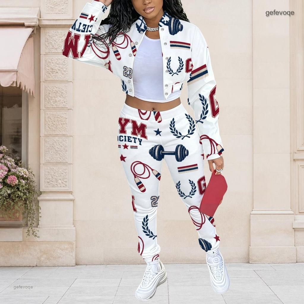 Women Plus Size White Printed Long Sleeve Stand Collar Cropped Varsity Jacket And Long Pants Two Piece Set