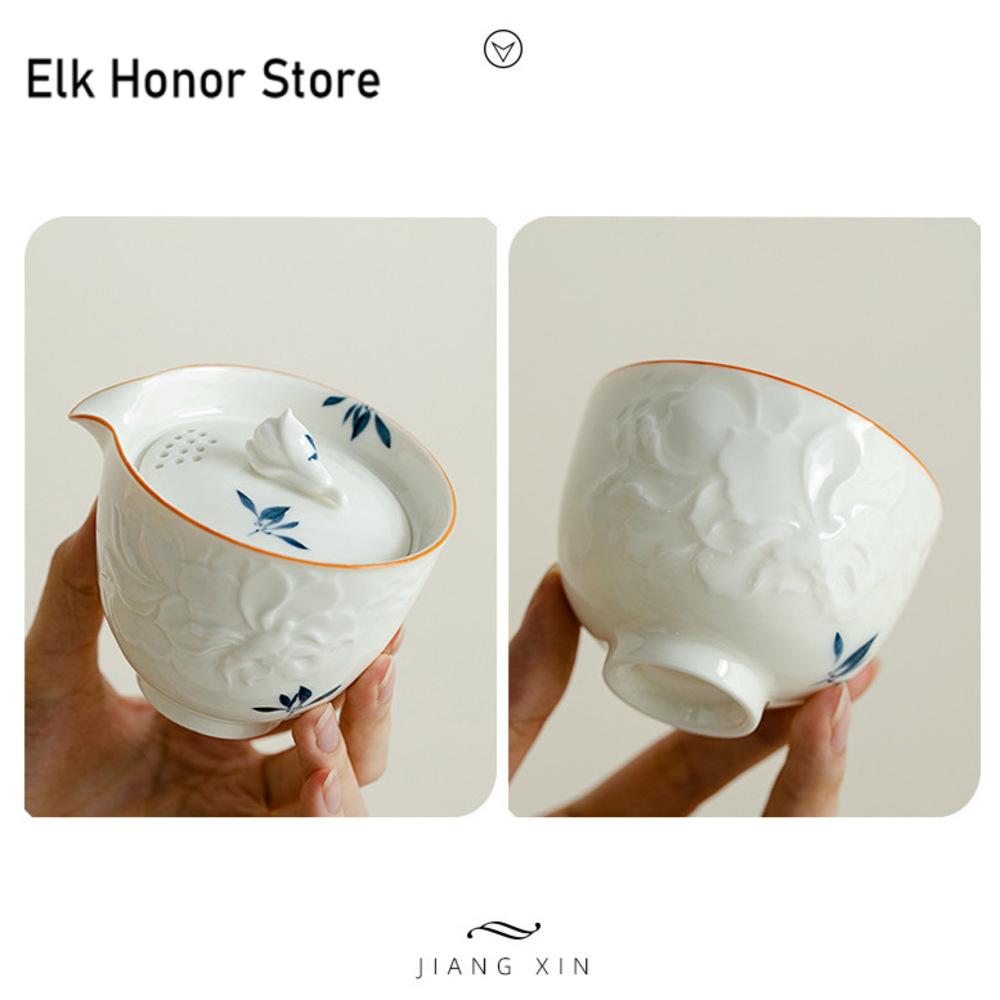 Reines handbemaltes Schmetterlingsorchideen-Teeservice-Set Zen 1 Kanne 3 Tassen Haushaltstee-Brühkessel Tassen Outdoor-Picknick-Tragetasche Basteln