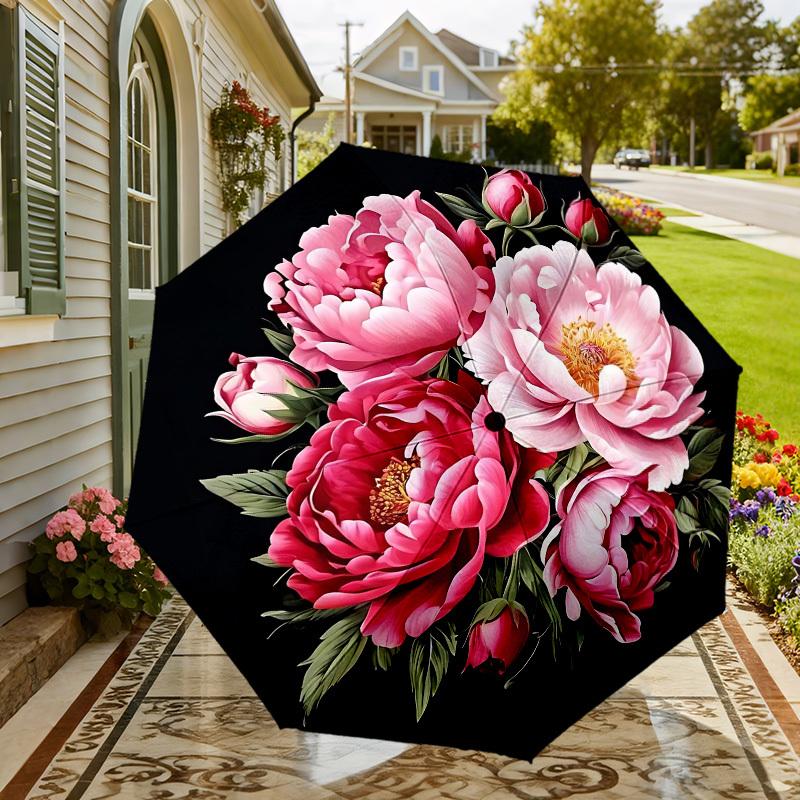 1pc Peony Flowers Automatic Folding Umbrella 8 Rib Iron Frame, Compact Portable Umbrella Suitable for Travel, Daily Use, Birthday, Women & Men Gift c
