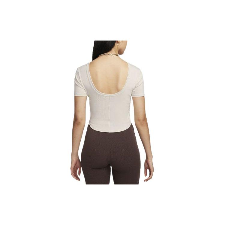 Nike Einfarbiges Logo Geripptes Rundhals-Kurzarm-T-Shirt Damen Oberteile Beige FN3664-104