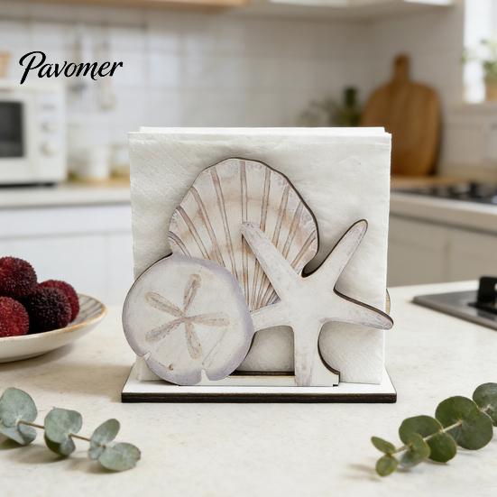 Rustic Wood Paper Towel Stand Wooden Napkin Holder, Vertical Ocean Style Dispenser, Square Theme Dispenser Ordered Storage Holder for Kitchen