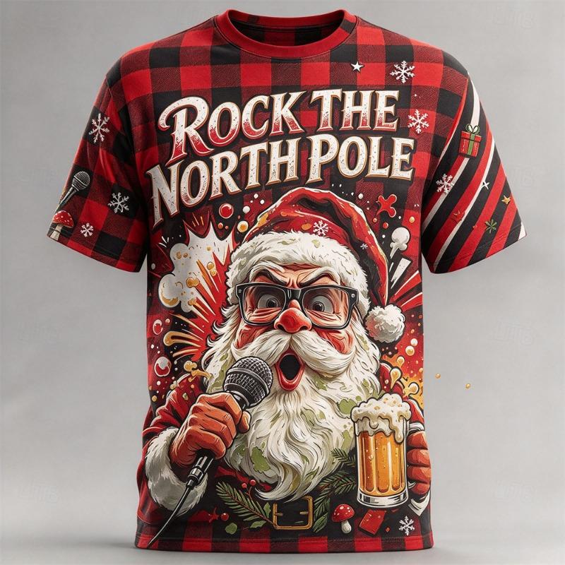 Men Christmas Short Sleeve T-shirt Santa Print Tee Snowflake Xmas Pattern Casual Tops Ugly Christmas Outfit Holiday Gift for Men