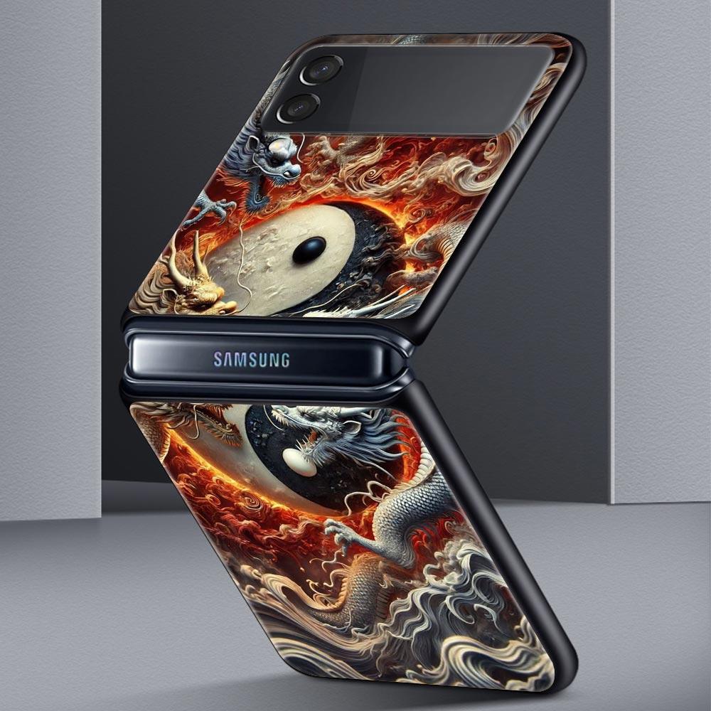 Chinoiserie Loong Flower Dragon Hard PC Phone Case For Samsung Galaxy Z Flip 7 6 5 4 Black Cover For Galaxy Z Flip 3 Foldable