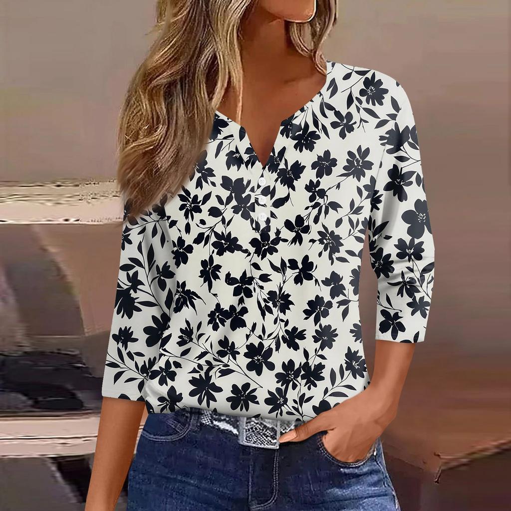 Dámské tričko s potiskem, knoflíky, 3/4 rukávy, pro každý den, na víkend, módní, základní, s výstřihem do V, běžný top