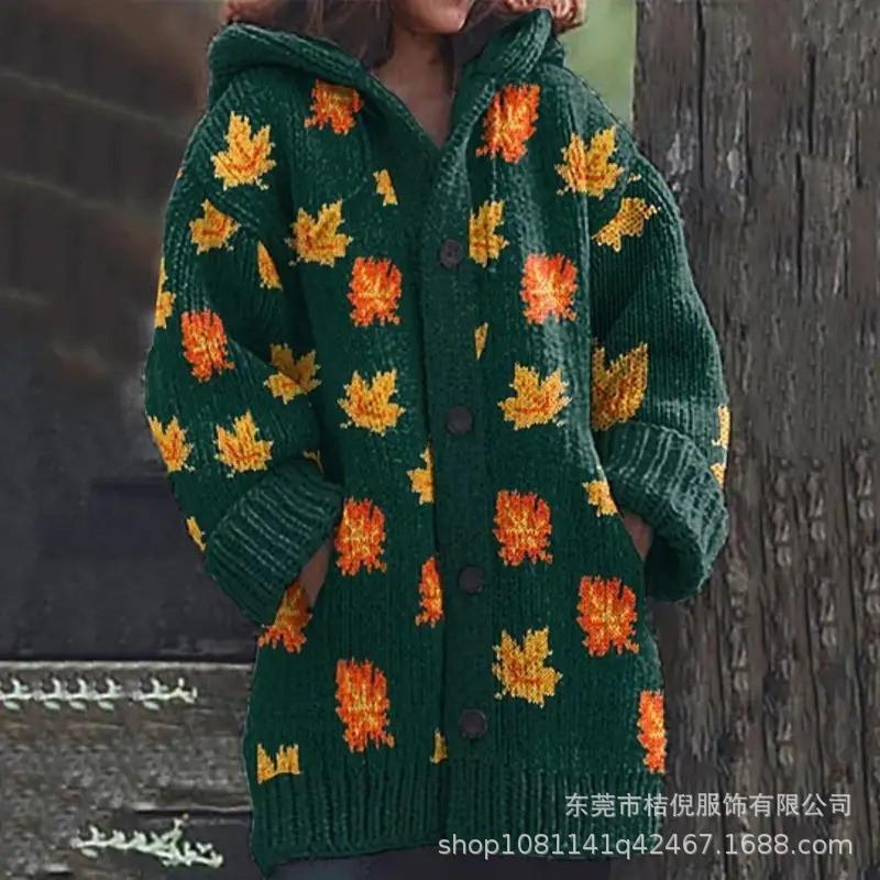 Womens Oversized Hooded Knit Cardigan With 3D Print Button Front Long Sleeve Casual Sweater