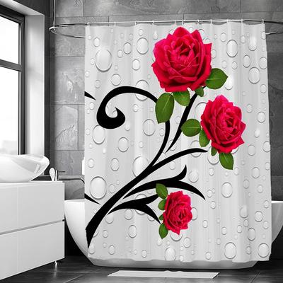 Watercolor Art Rose Plant with Floral Bathroom Decoration Printed Polyester Fabric Shower Curtain 180*180CM with Hooks