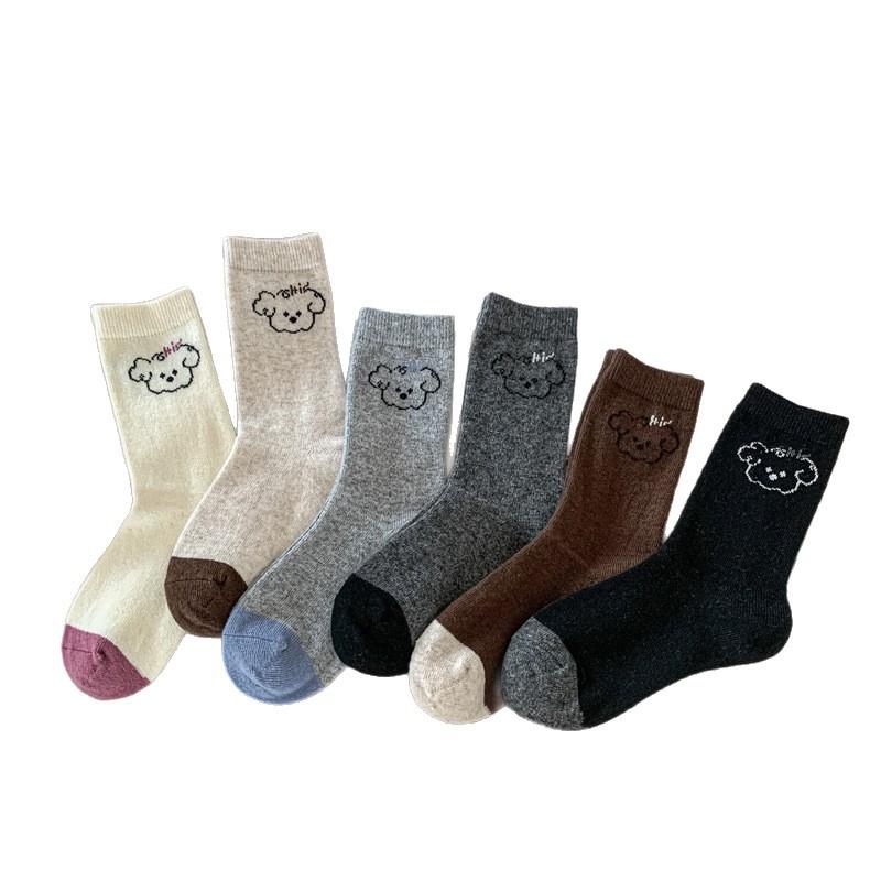 Autumn and Winter Puppy Grey Series Contrasting Color Mid-calf Warm Wool Women's Socks Cartoon Cute School Style Comfortable