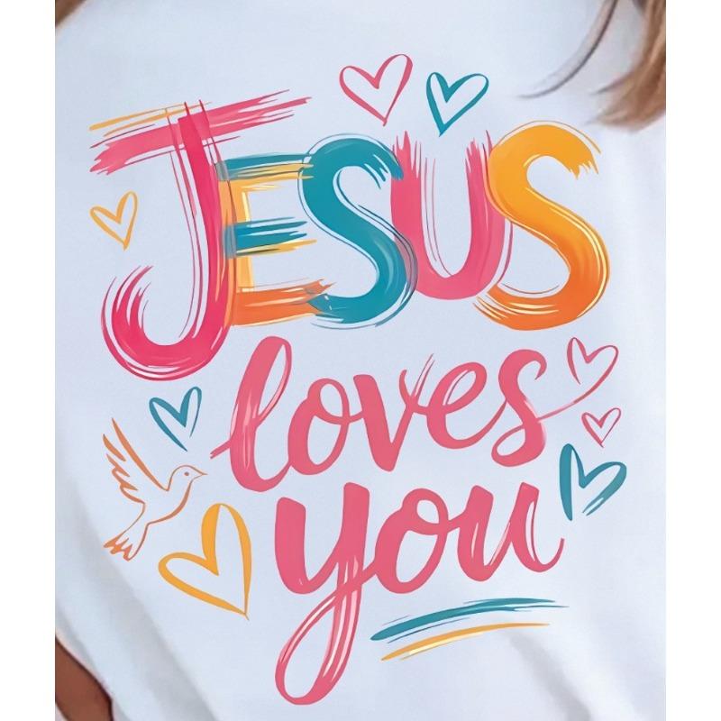 Europäische Größe Mädchen Rundhals Kurzarm T-Shirt mit Einzigartigen Englischen MusternJesus Liebt Dich