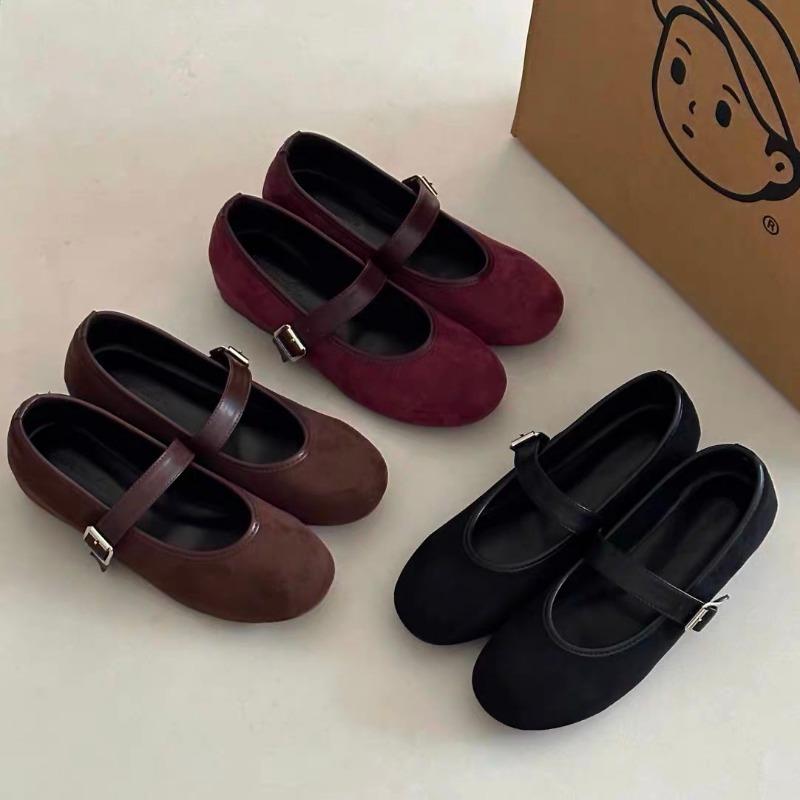Women's Low Heel Shoes Spring New Round Head Shallow Mouth Suede Metal Buckle Soft Sole Anti-slip Wear-resistant Low Top Shoes