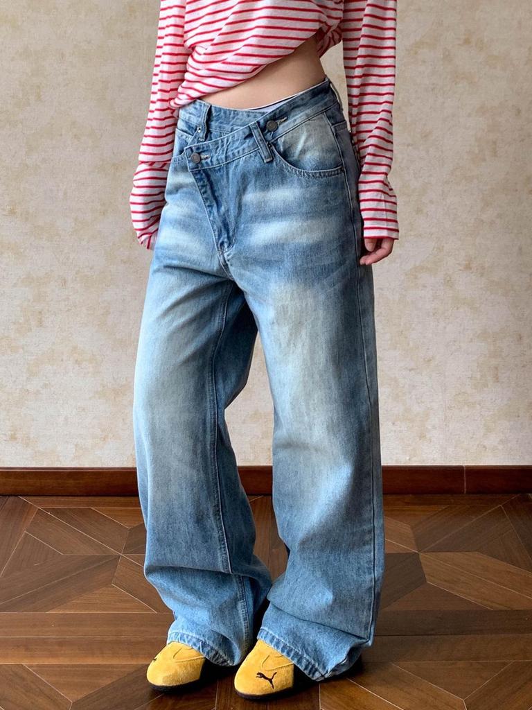 Unisex Retro Distressed Washed Wide-Leg Jeans with Clean Fit Design