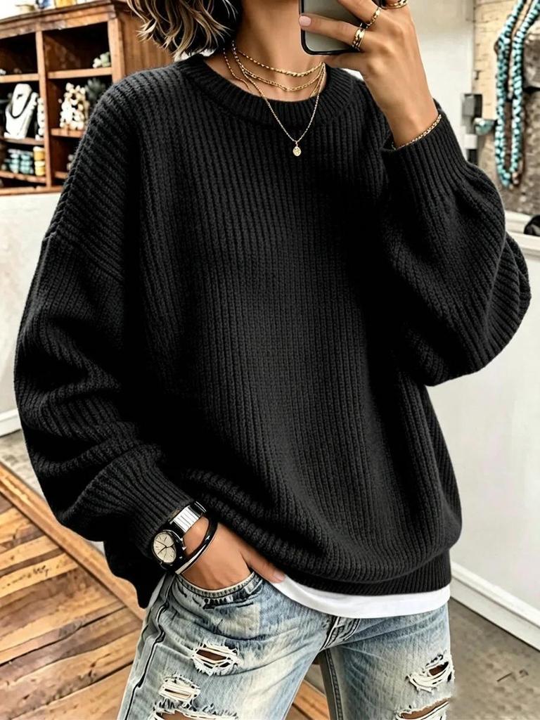 2026 European Autumn-Winter Ribbed Knit Round Neck Sweater - Loose, Comfortable Long Sleeve Pullover for Women