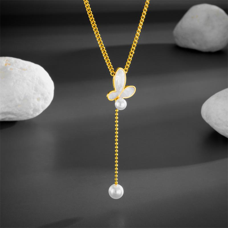 Trendy Stainless Steel Butterfly Pearl Necklace with White Shell Tassel for Girlfriend or Best Friend