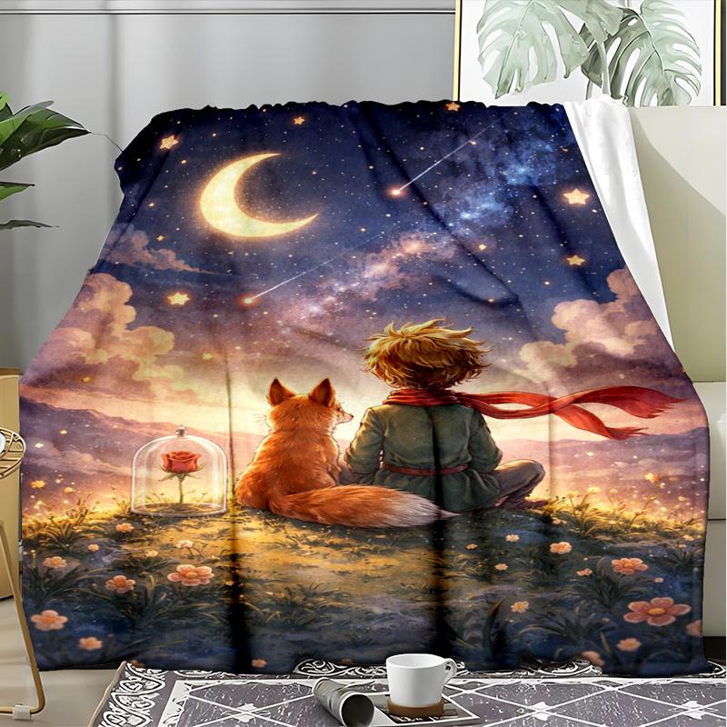 Little Prince Fox Starry Sky Fleece Printed Flannel Blanket, Warm Soft Throw Sofa Bed Blanket