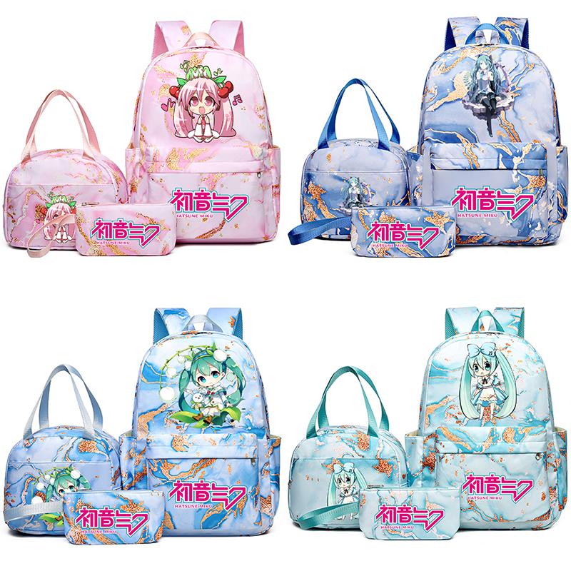 3Pcs/set Anime Hatsune Miku Printed Backpack Handbag Pencil Case for Teenager Student Bookbag Schoolbag Women Large Capacity Waterproof Travel Bag