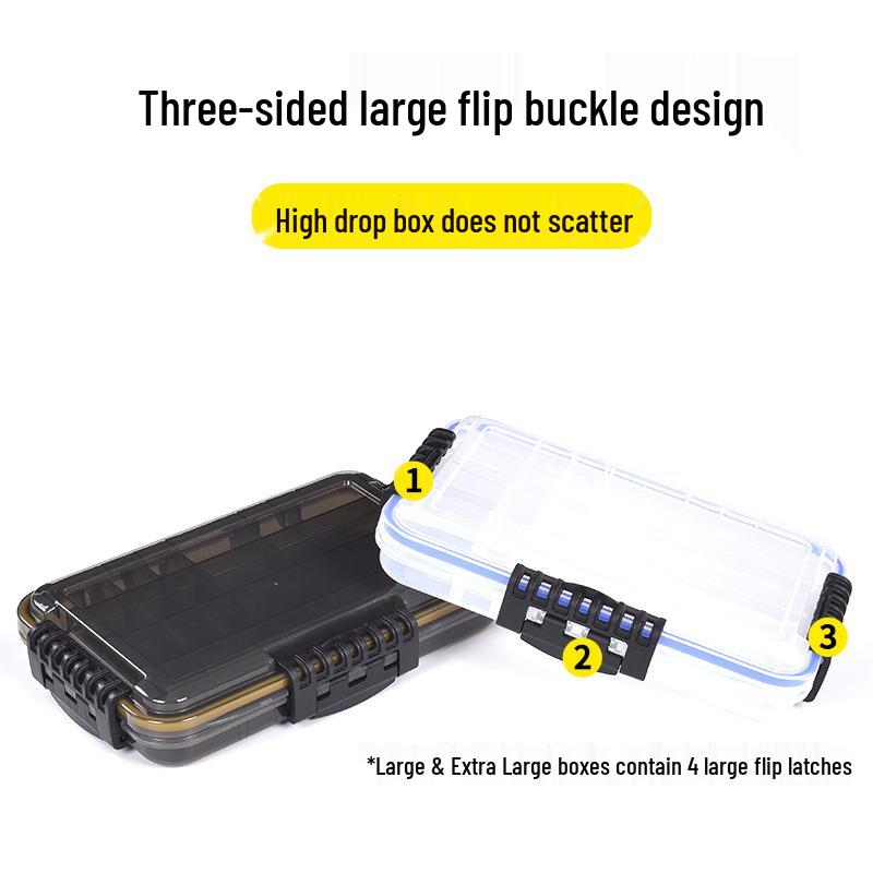 Wasserdichte Köderaufbewahrungsbox mit herausnehmbaren Trennwänden und großem Fassungsvermögen, gesichert mit Kombinationsschnallen für Angelzubehör.