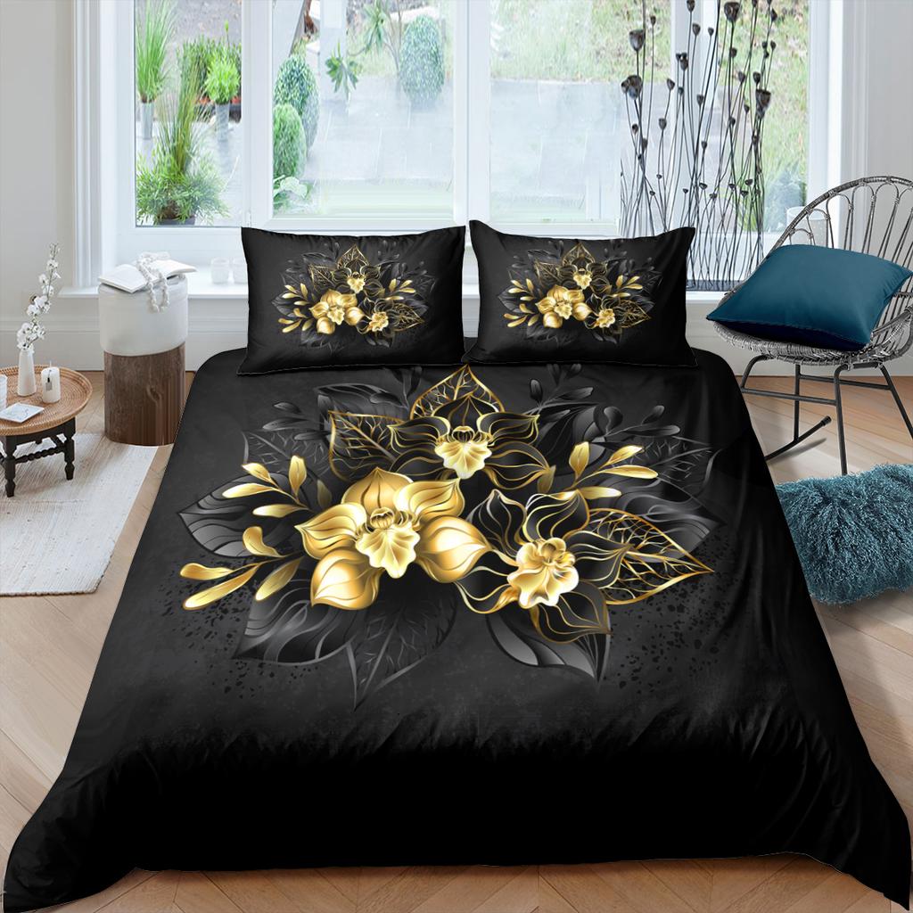 Gold Flower Duvet Cover Set Kids Bedding Set Queen and King Size Floral Theme 2/3pcs Luxury Style Twin Polyester Quilt Cover