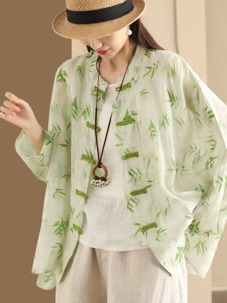 Chinese Style Bat Sleeve Shirt Vintage Women Blouse Floral Print Spring Top Loose Stand Button