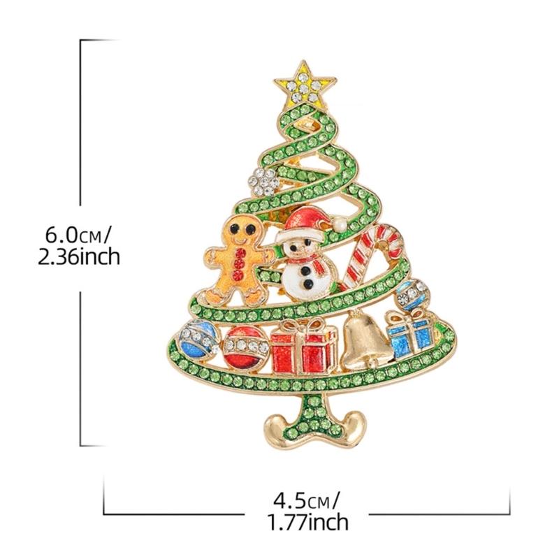 Holiday Brooch Pin Christmas Tree Design with Snowman Accent, Gold Tone Zinc Alloy Stone Detail Jewelry for Winter Coats Scarves Bags and Hats